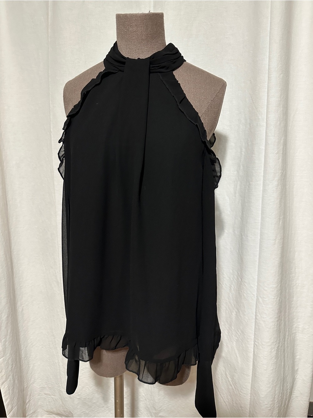 Bebe Jet Black Cold Shoulder Ruffle Blouse NWT Large